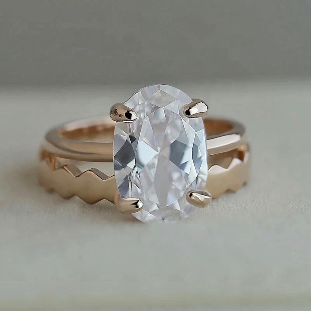 Rose Gold Oval Solitaire Diamond Engagement Ring Set - SALE !!